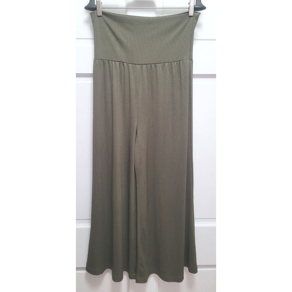 Versona Women's Wide Leg Ribbed Stretch Jersey Crop Pants - Olive Green - Medium